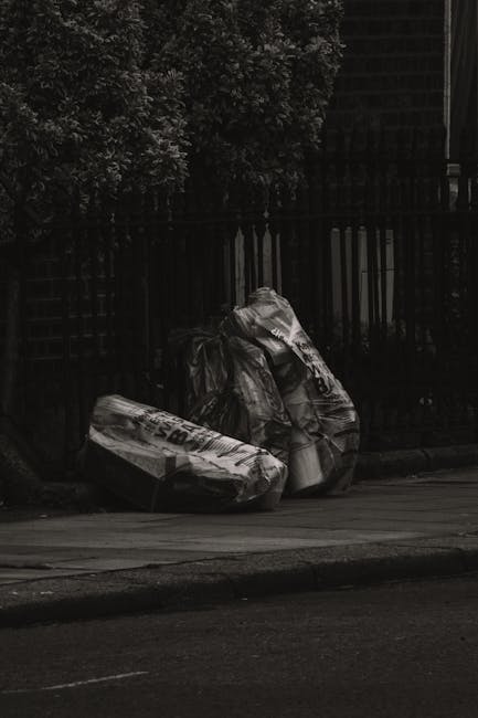 In the foreground of the image, there is a pile of discarded household and office waste materials, including cardboard boxes, plastic bags, and miscellaneous debris, all arranged on a paved driveway o